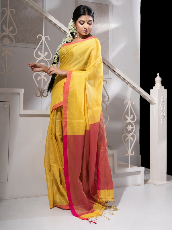 Women's Yellow Tissue Handloom Saree With Pink Border And Pallu - In Weave Sarees