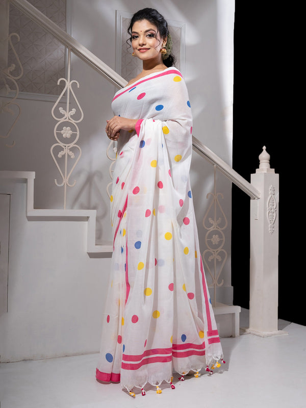 Women's Whitecotton Saree With All Over Multicolor Polka Dots - In Weave Sarees