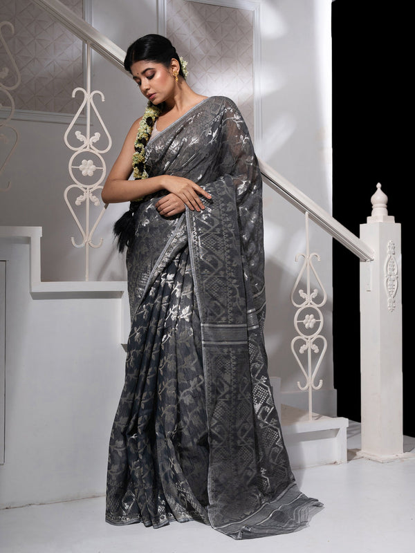 Women's Deep Grey Jamdani Saree With All Over Silver Zari Work - In Weave Sarees