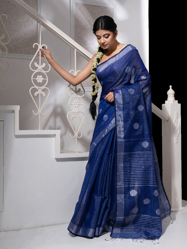 Women's Deep Blue Sequin Handloom Saree With Silver  Zari Border - In Weave Sarees