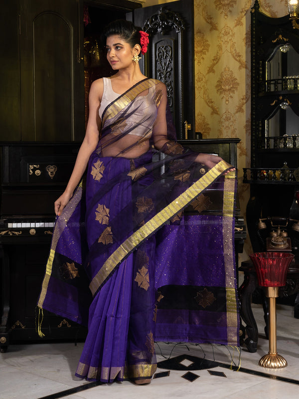 Women's Purple Woven Designed Silk Saree With Golden Flower Motif Work - In Weave Sarees