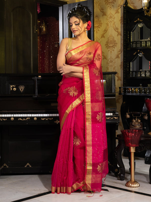 Women's Deep Rani Woven Designed Silk Saree With Golden Flower Motif Work - In Weave Sarees