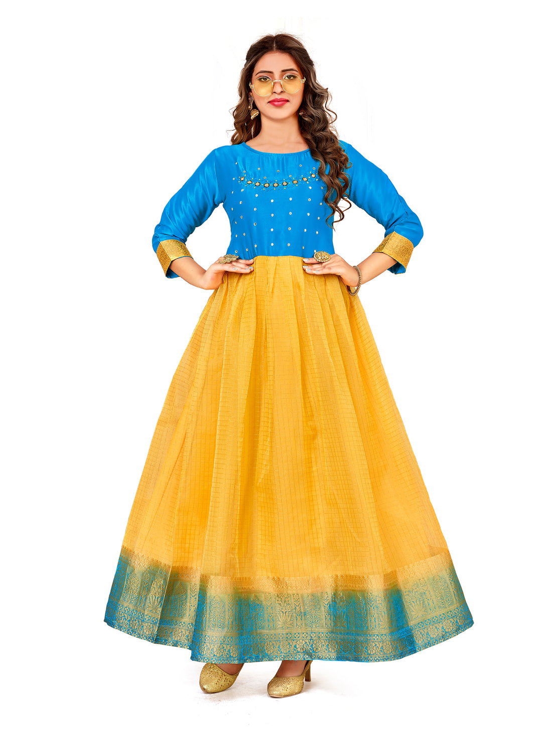 Woman's Designer Blue And Yellow Kurti - Dwija Fashion