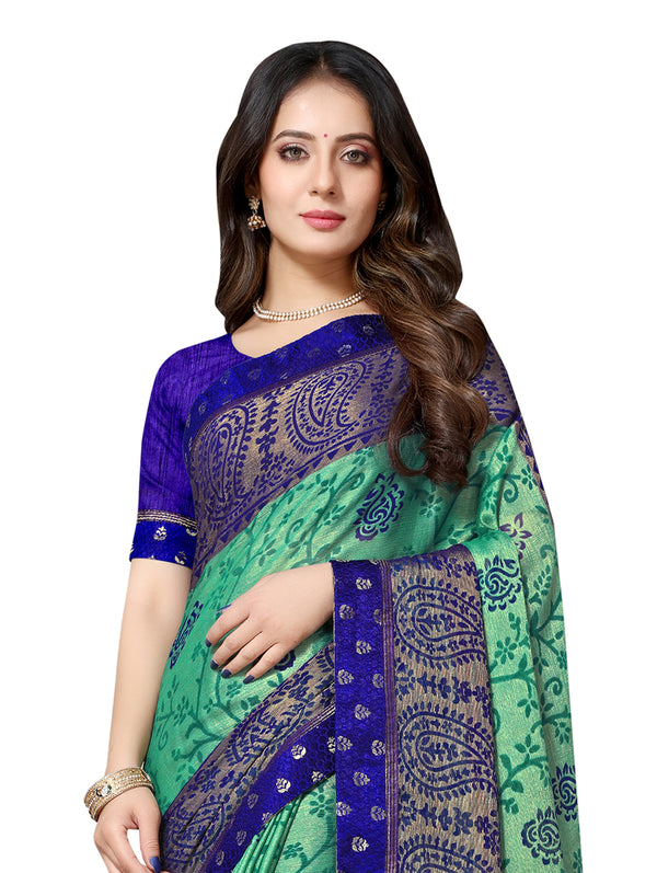 Women's Blue Designer Brasso Sarees With Exclusive Soft Banarsi Brocket Lace - Vamika