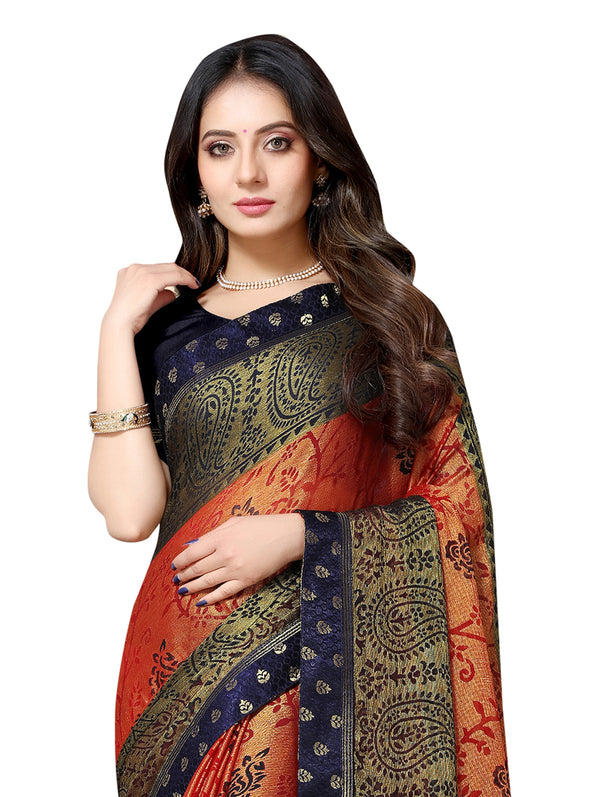 Women's Orange Designer Brasso Sarees With Exclusive Soft Banarsi Brocket Lace - Vamika