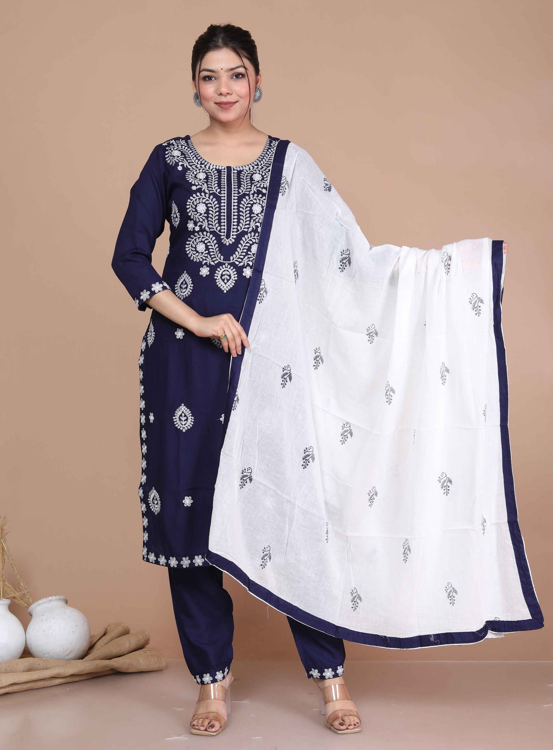 Women's Blue Straight Kurta Palazzo With Dupatta Set - Miravan