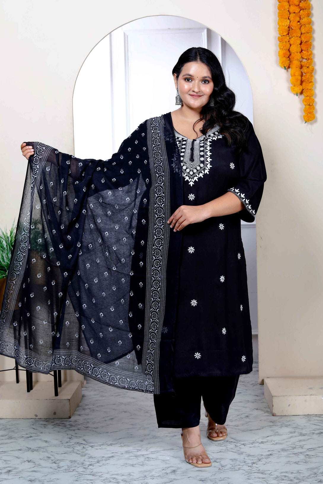 Women's Plus Size Chikankari Embroidery Black Straight Kurta Palazzo With Dupatta - Miravan