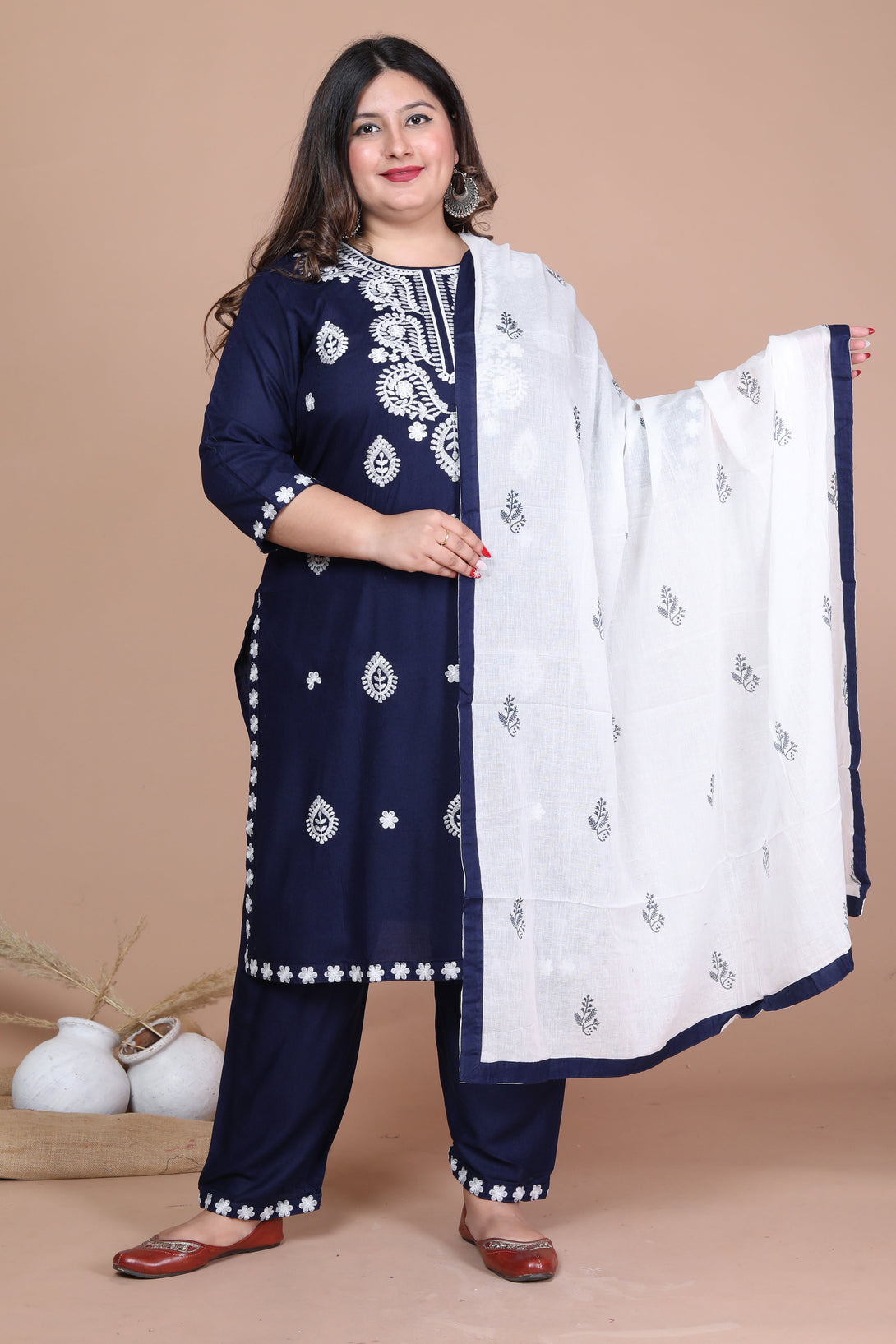 Women's Plus Size Blue Pakistani Straight Kurta Palazzo With Dupatta Set - Miravan