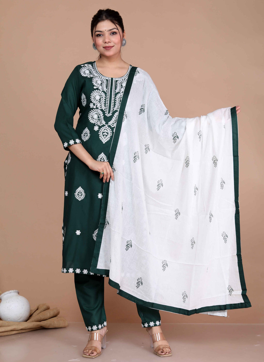 Women's Green Straight Kurta Palazzo With Dupatta Set - Miravan