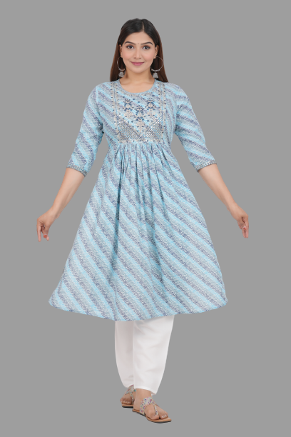 Women's Skyblue Cotton Laheriya Print Embroidered Flared Kurta - House Of Rp