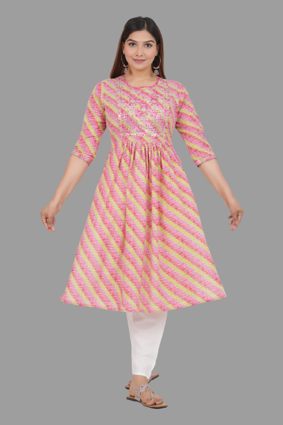 Women's Pink Cotton Laheriya Print Embroidered Flared Kurta - House Of Rp