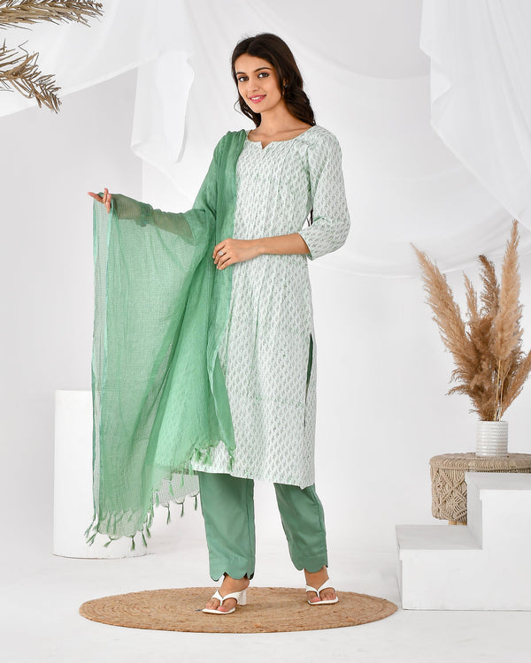 Women's sea green pleated suit set-RANGPUR