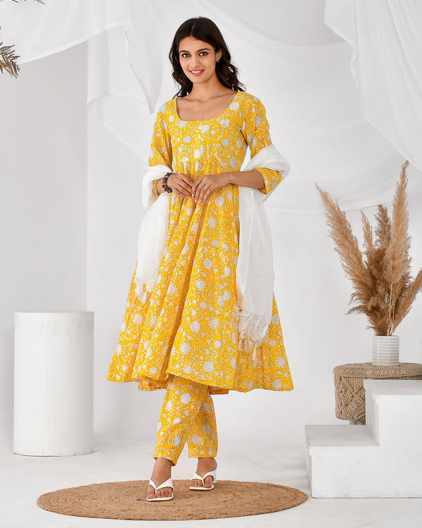 Women's yellow printed anarkali set-RANGPUR