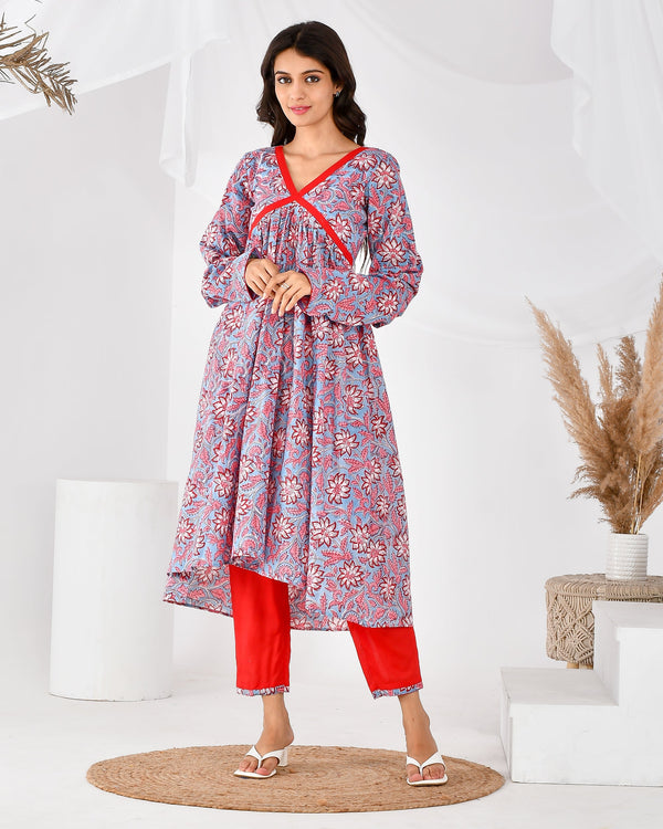 Women's blue kurta floral kurta set-RANGPUR