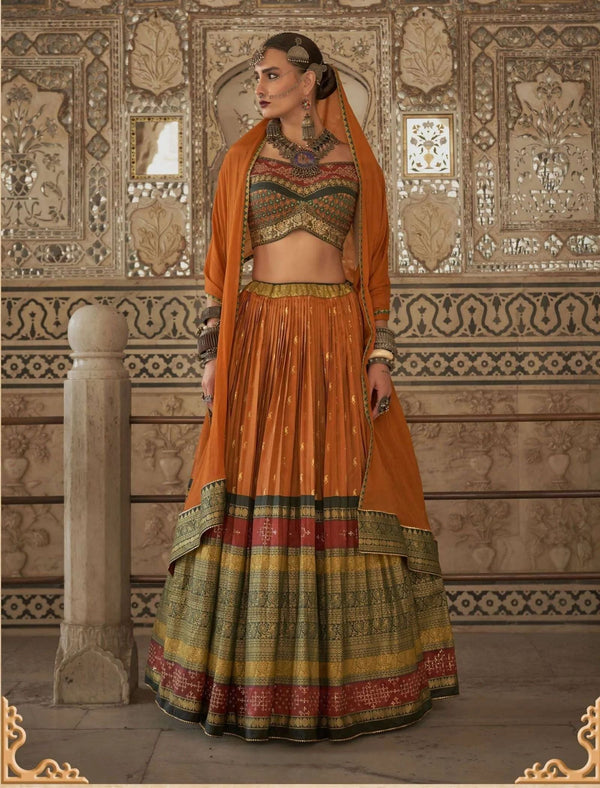 Women's Orange Lehenga With Orange Blouse, Combination Of Duptta &Sequence Work - Phenav