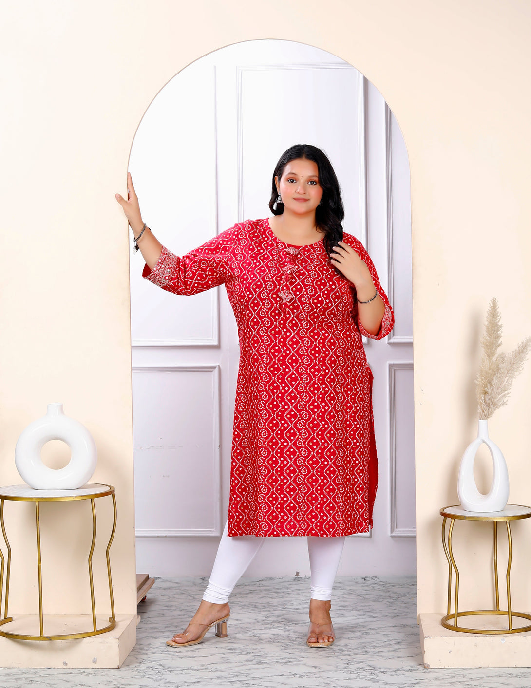 Women's Plus Size Festive Wear Red Bandhani Printed Straight Kurti - Miravan