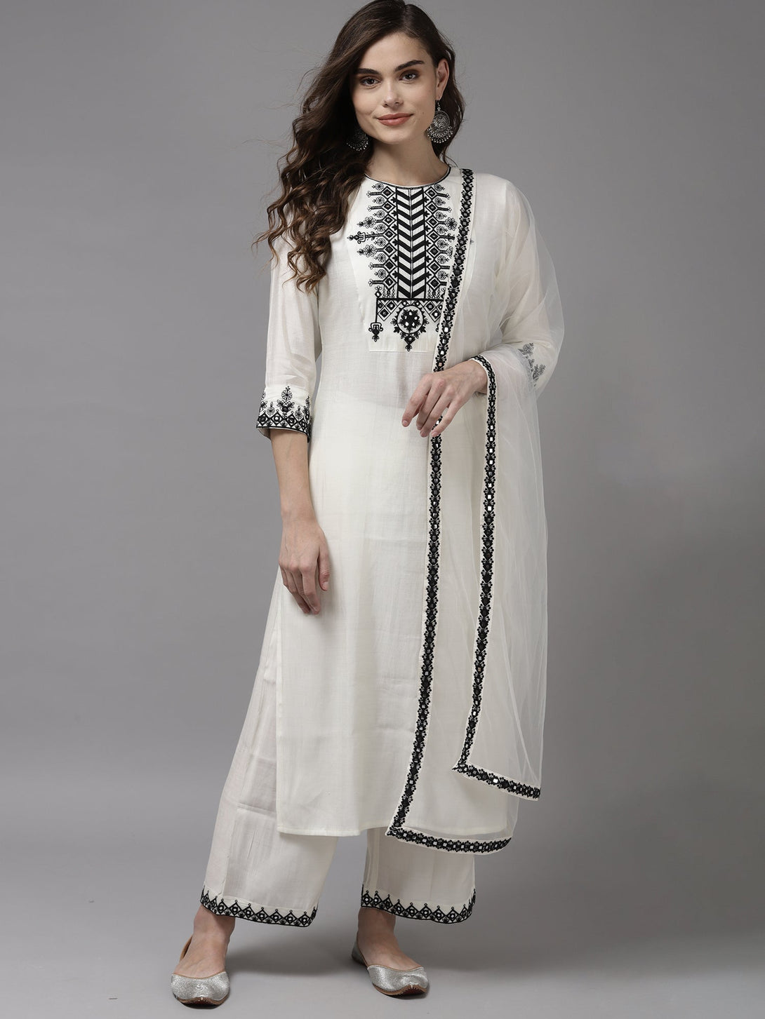 Women's White Embroidered Straight Kurta With Palazzo With Dupatta Set - Indo Era