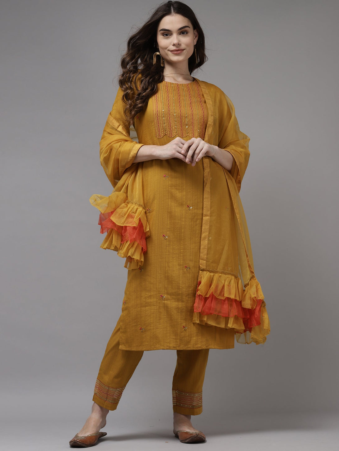 Women's Yellow Embroidered Straight Kurta Trouser With Dupatta Set - Indo Era