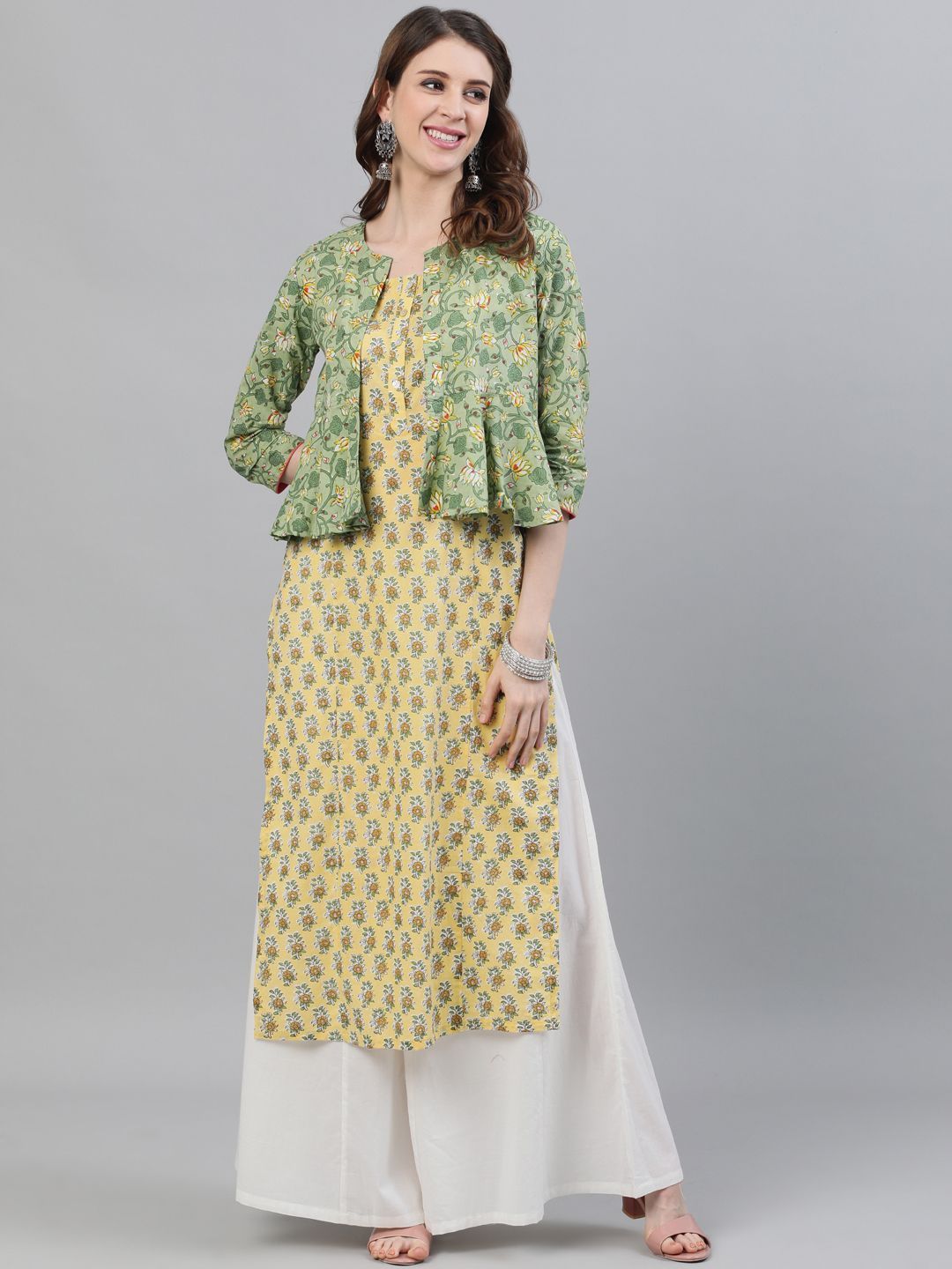 Women's Green & Yellow Floral Printed Straight Kurta With Jacket - AKS