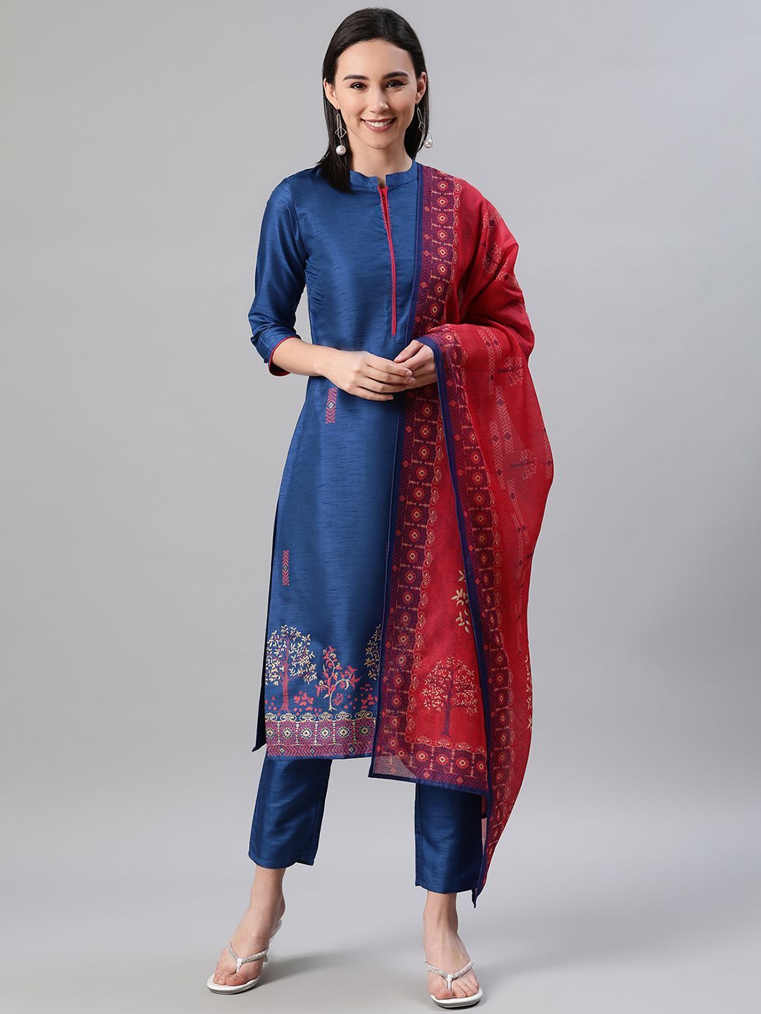 Women's Blue Color Foil Print Straight Kurta,Pant And Dupatta Set - Ziyaa