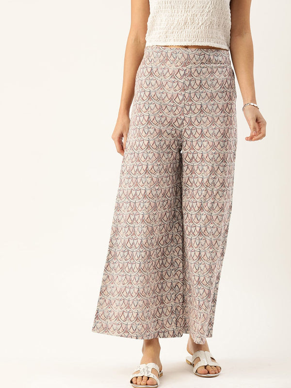 Women's Beige & Blue Printed Flared Palazzos - Varanga