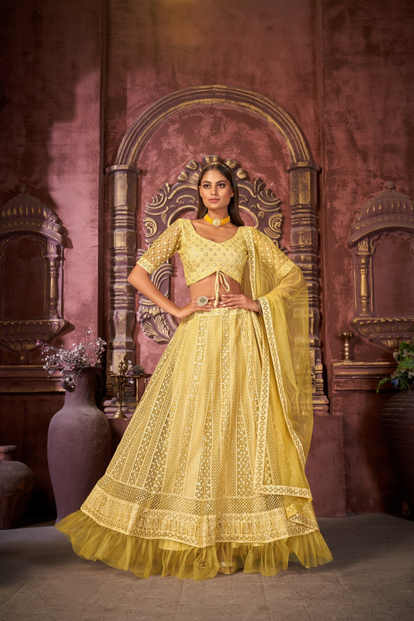 Women's Yellow Net Embroidered Lehenga Choli Set - Dwija Fashion