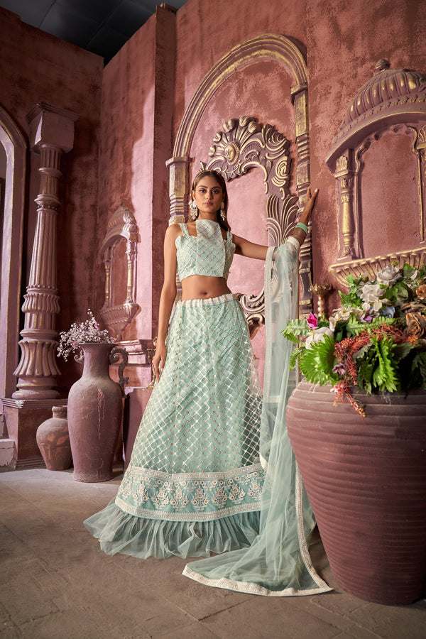 Women's Pista Net Embroidered Lehenga Choli Set - Dwija Fashion