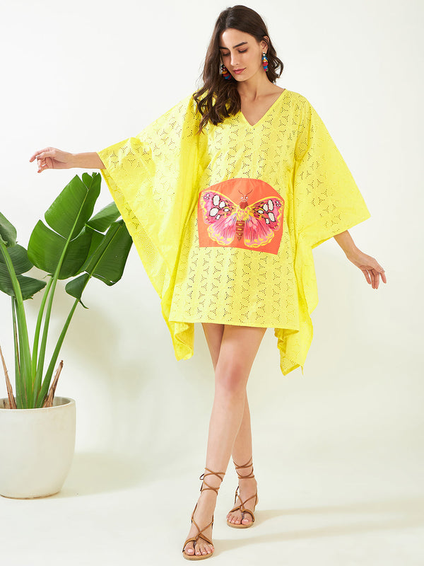 Women's Yellow Schiffli Fluttery Coverup - The Kaftan Company