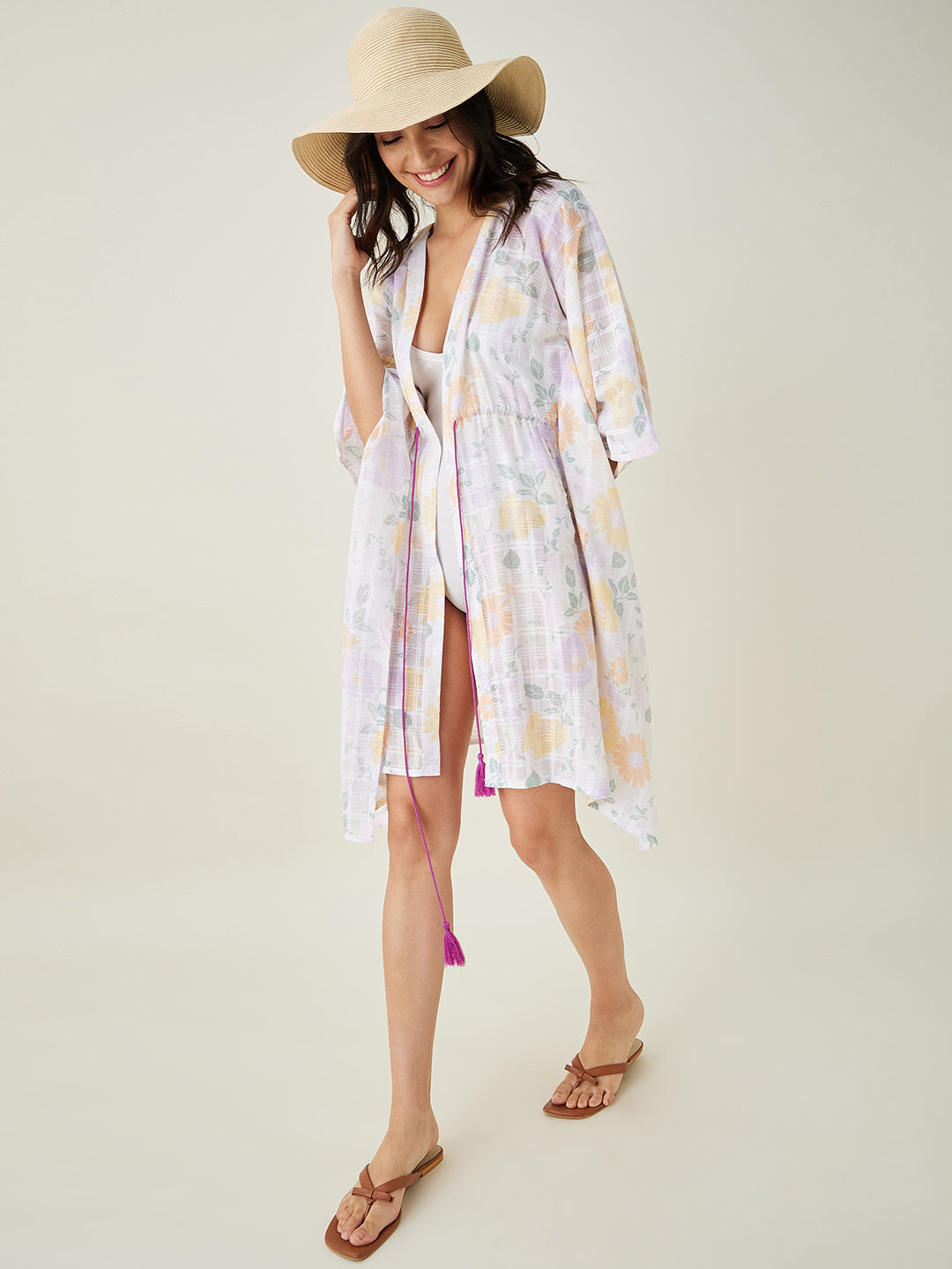 Women's Floral Printed  Resortwear Coverup With Waist Tie Up - The Kaftan Company