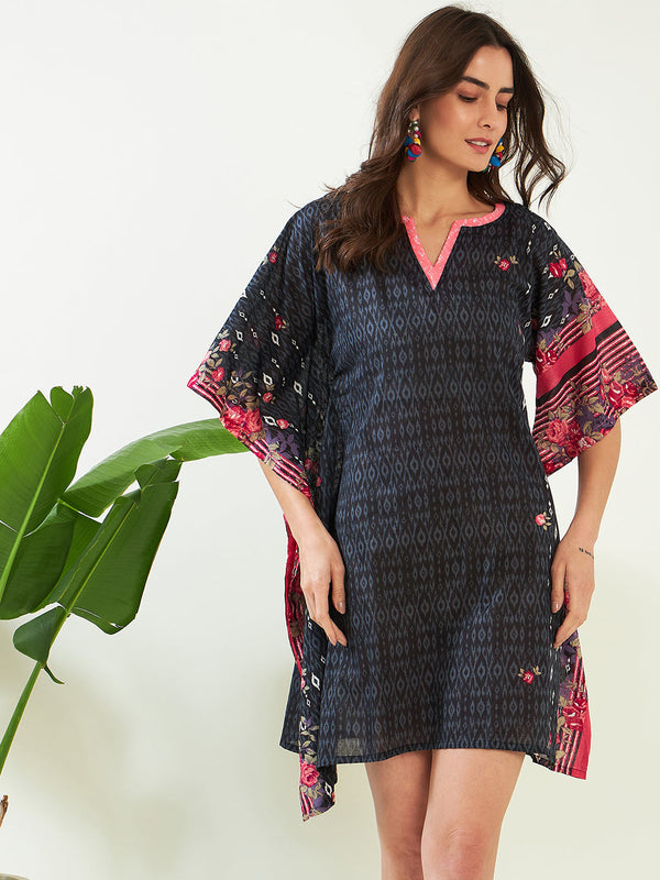 Women's Black Gardenscape Asymmetric Resort Kaftan - The Kaftan Company