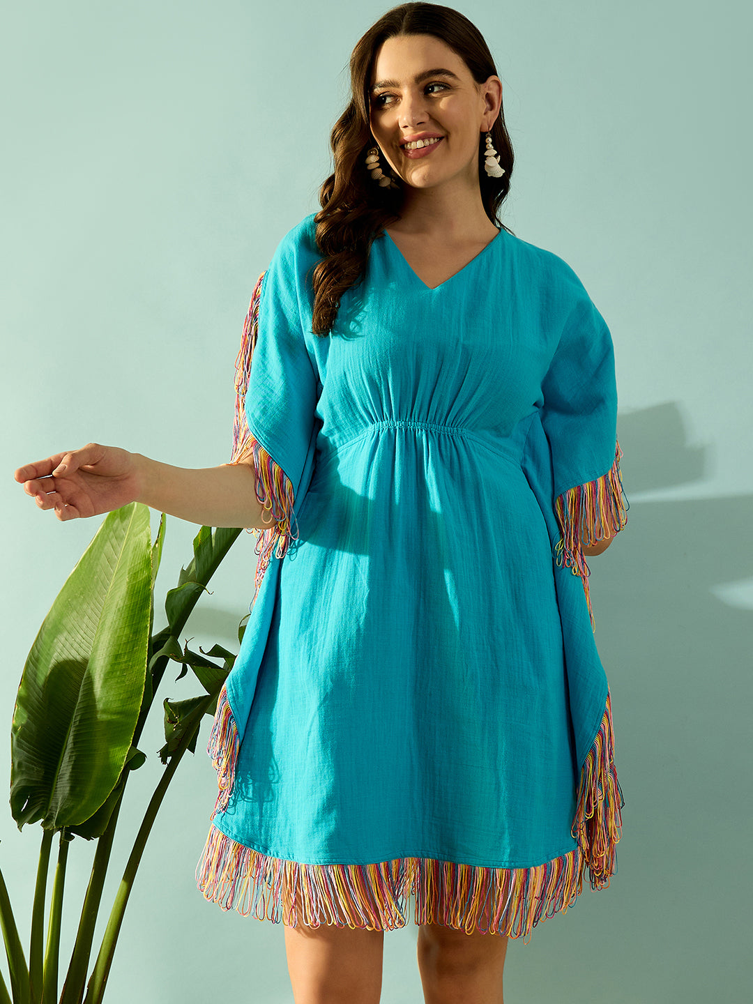 Women's Blue Knit Cotton Solid Resort Wear - The Kaftan Company