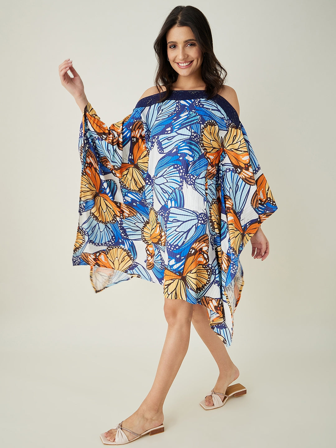 Women's Butterfly Printed Resort Kaftan, Off Shoulder And Lace Enhancing The Neck - The Kaftan Company