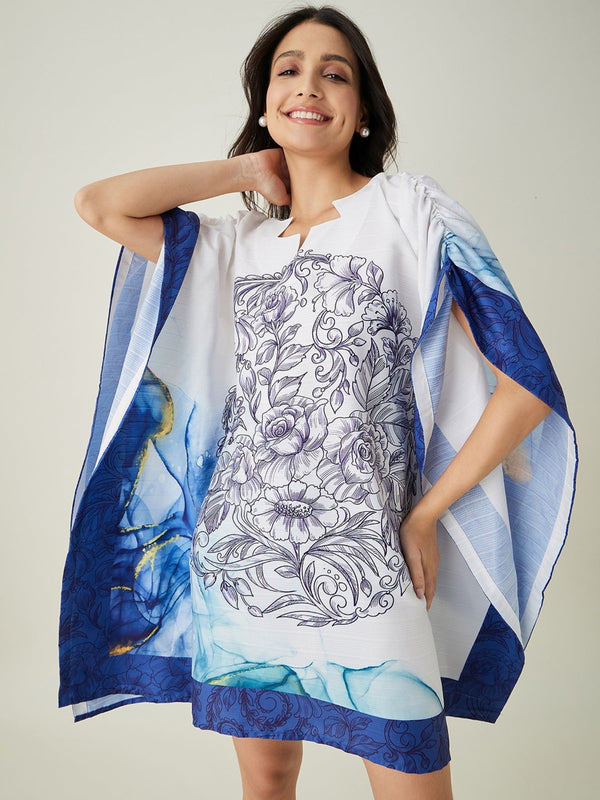 Women's Blue Tranquil Mandala Resort Kaftan with Elasticated Shoulder Detailing - The Kaftan Company