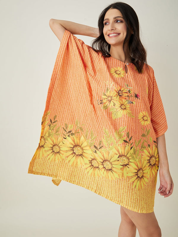 Women's Orange Sunflowr Bliss Resorty Kaftan with Keyhole Neck and Innovative one sleeve detailing - The Kaftan Company