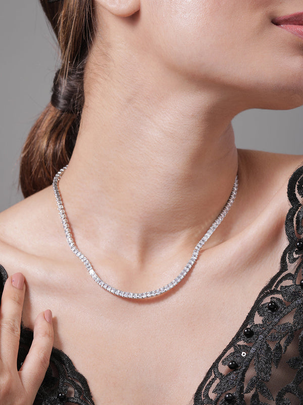 Rhodium Plated AD & Cubic Zirconia Studded Elegant Tennis Necklace