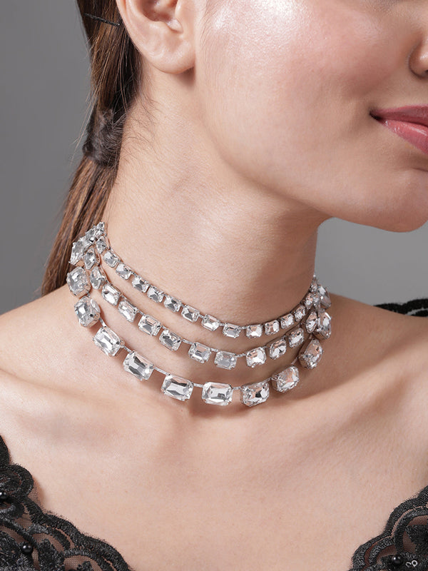 Rhodium Plated Crystal AD & Zirconia Studded Luxurious Multilayer Necklace