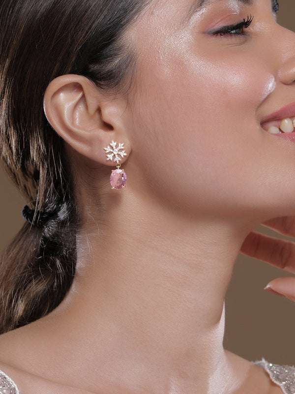 Voguish 22K Gold-Plated AD & Cubic Zirconia Snowflake Stud Earrings with Pink Oval Drop Stones