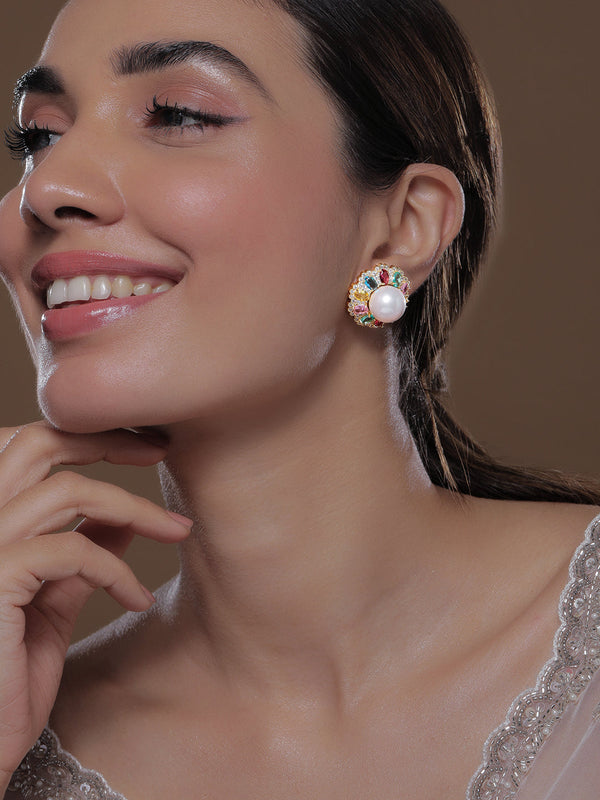 Voguish 22K Gold-Plated Multicolor AD & Cubic Zirconia Studded Premium Pearl Stud Earrings