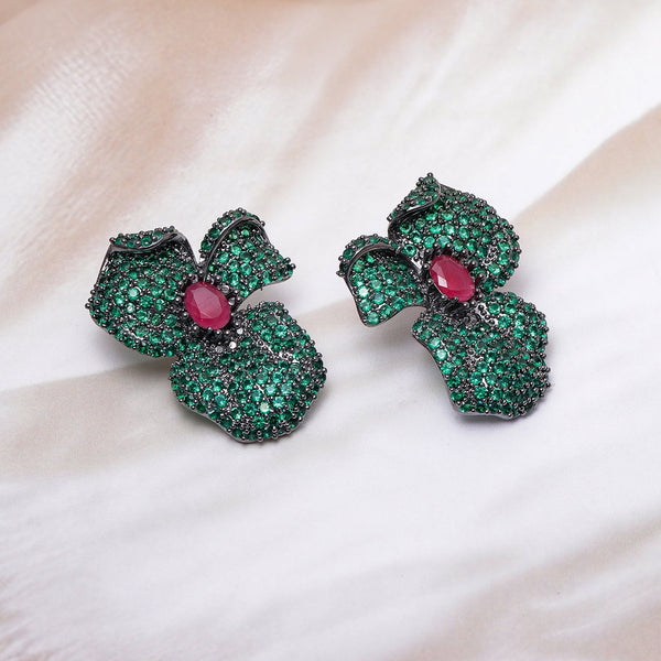 Voguish Rhodium-Plated Emerald & Ruby AD & Cubic Zirconia Studded Oversized Floral Stud Earrings