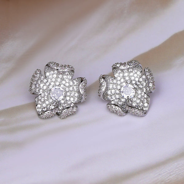 Voguish Rhodium-Plated White AD & Cubic Zirconia Studded Oversized Premium Floral Stud Earrings