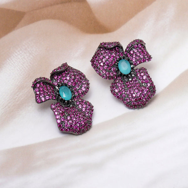 Voguish Rhodium-Plated Ruby Pink & Turquoise Blue AD & Cubic Zirconia Studded Oversized Floral Earrings