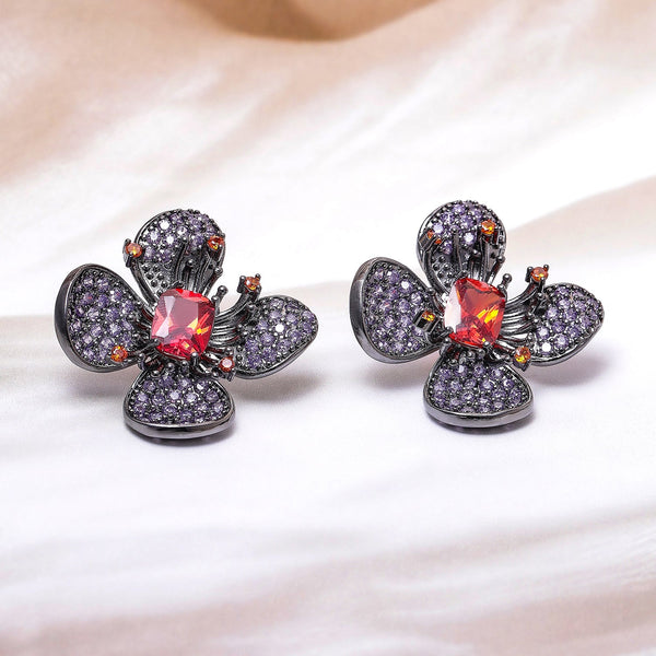 Voguish Rhodium-Plated Lavender, Orange & Ruby AD & Cubic Zirconia Studded Floral Stud Earrings