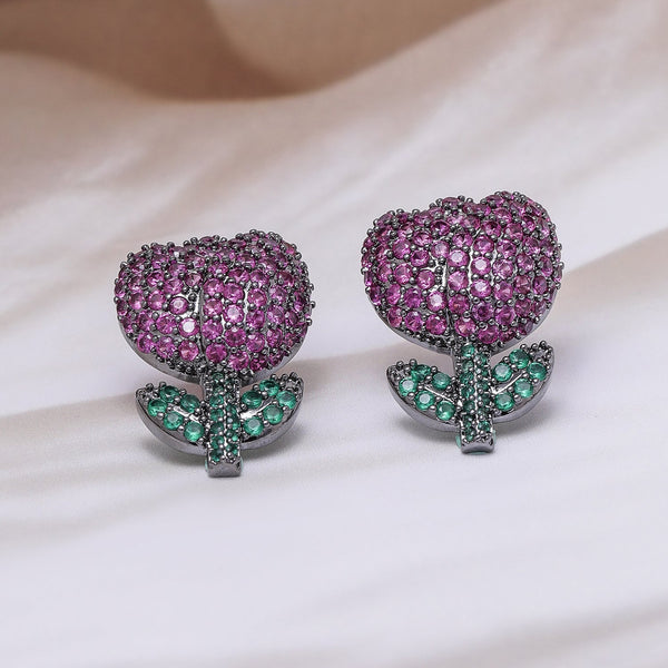 Voguish Rhodium Plated Black Tone Ruby Pink & Emerald AD & Zirconia Studded Floral Stud Earrings