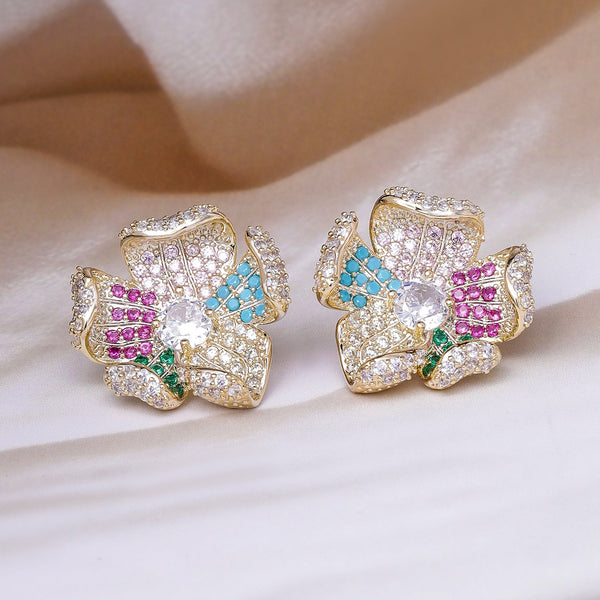 Voguish 22K Gold Plated Multicolor Crystal AD & Cubic Zirconia Studded Floral Stud Earrings