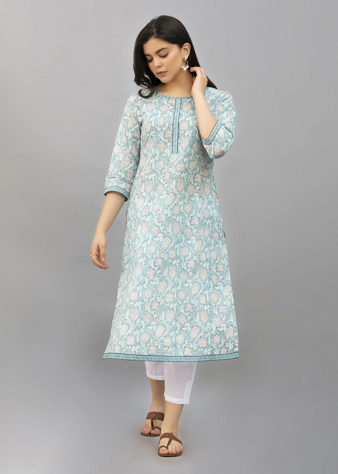 Women's Sky Blue Color Printed Straight Viscose Kurti - Navyaa