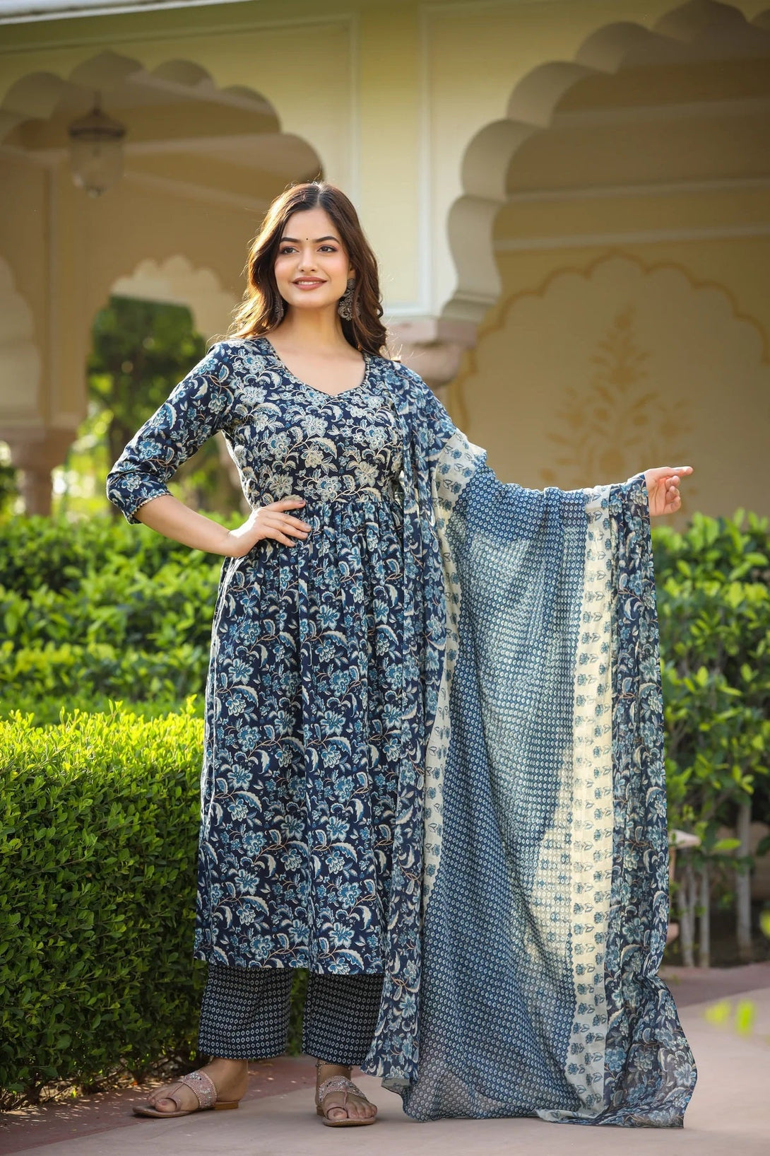 Women's Navy Blue Cotton Kurta Pant Set With Dupatta - Navyaa