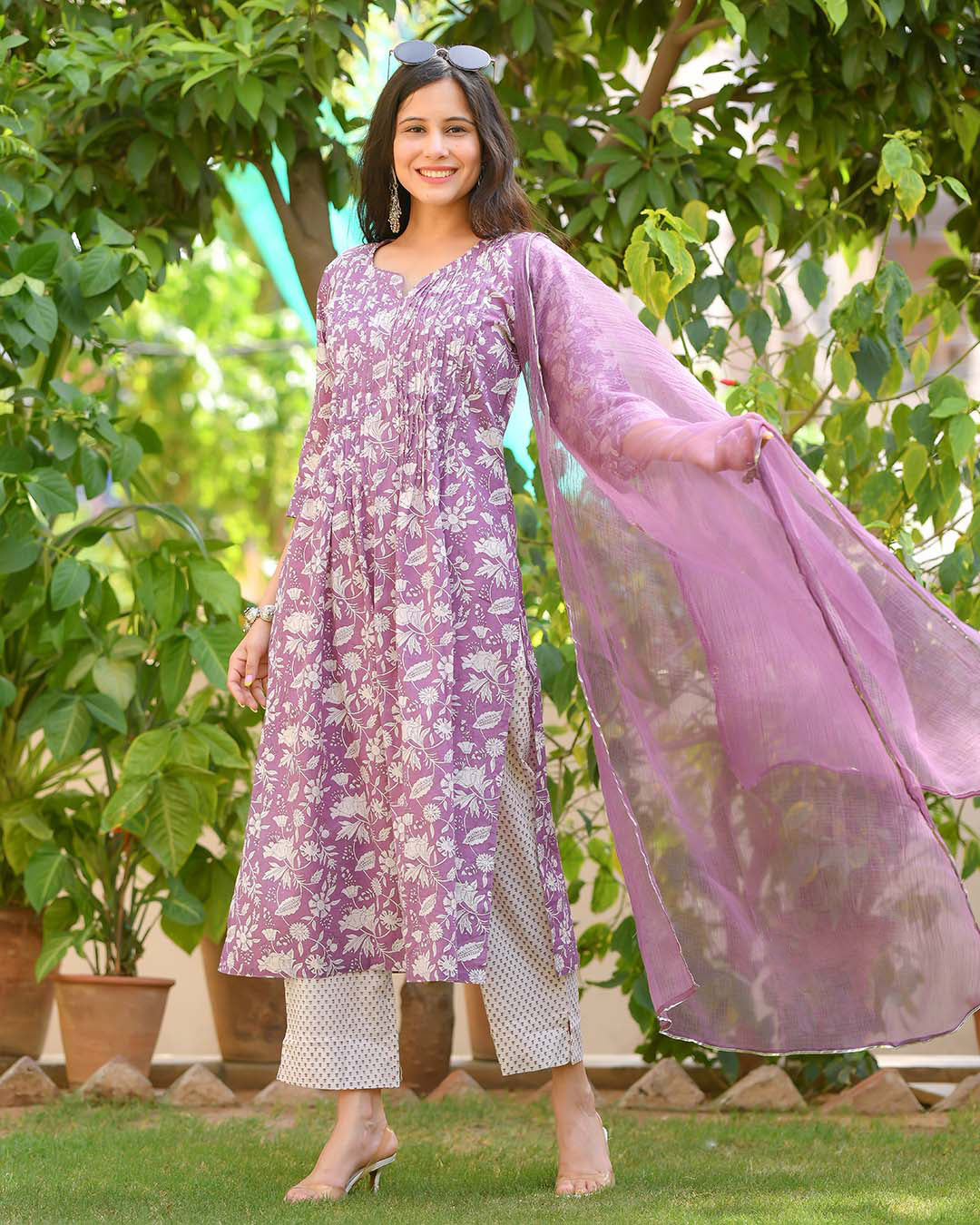 Women's Purple Cotton Kurta Pant Set With Dupatta - Navyaa