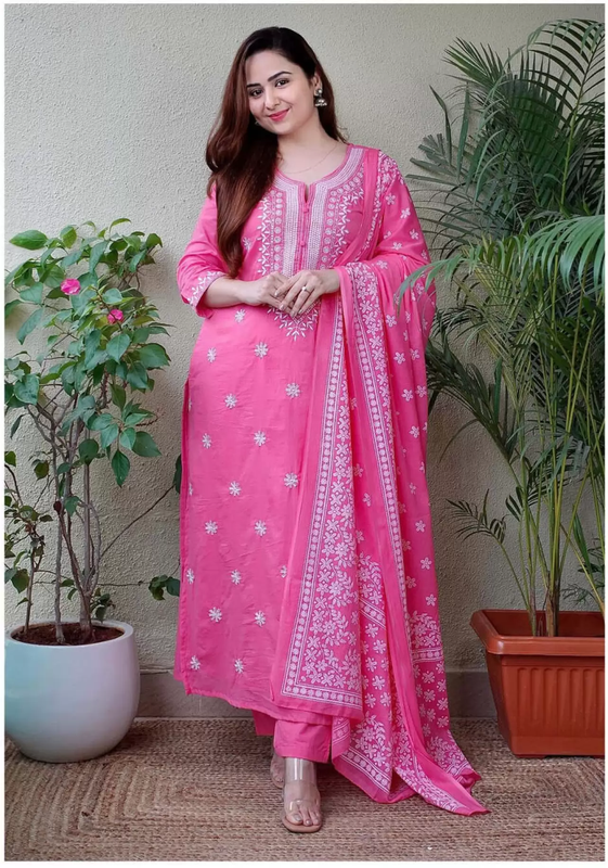 Women's Pink Viscose Embroidered Floral Kurta Pant With Dupatta - Malishka Export