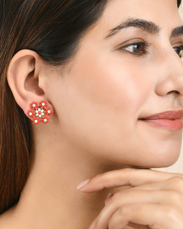 Women's Red Cz Floral Pearl Beaded Bunch Stud Earrings - Voylla