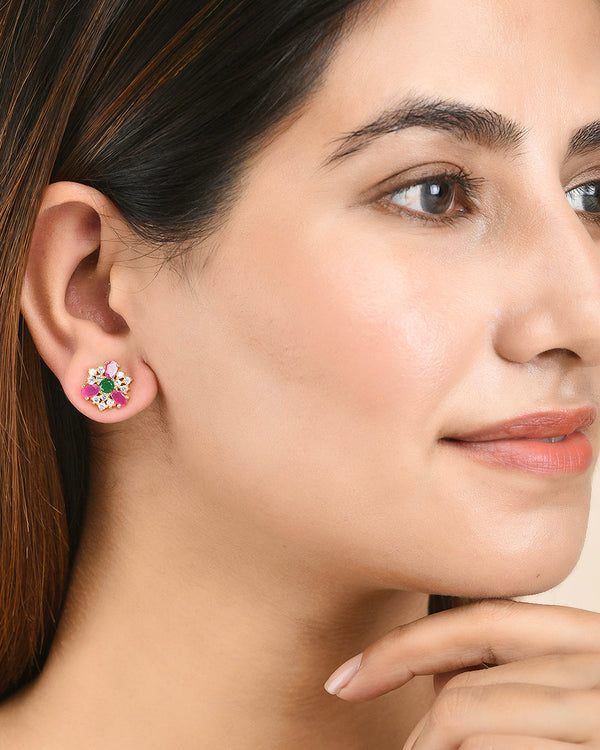 Women's Pink And Green Cz Stud Earrings - Voylla